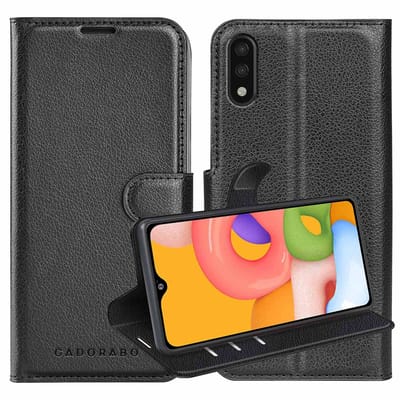 Cadorabo Hoesje geschikt voor Samsung Galaxy A01 in PHANTOM ZWART - Beschermhoes met magnetische sluiting, standfunctie en kaartvakje Book Case Cover Etui