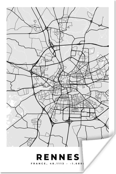 Poster Kaart - Stadskaart - Frankrijk - Rennes - Plattegrond - 120x180 cm XXL