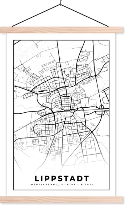 Posterhanger incl. Poster 40x60 cm - Schoolplaat - Lippstadt - Plattegrond - Stadskaart - Kaart - Textielposter - Blanke latten - Stadskaart