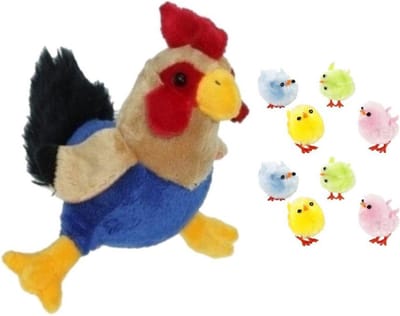 Pluche kippen/hanen knuffel van 20 cm met 8x stuks mini gekleurde kuikentjes 3 cm - Paas/pasen decoratie