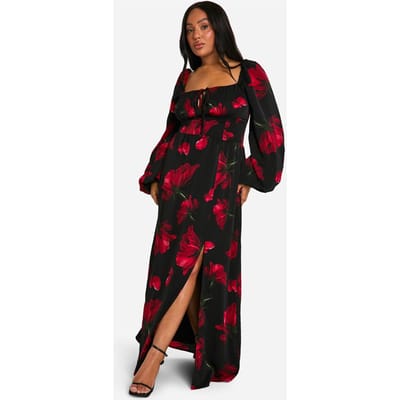 boohoo Dames Plus Ditsy Ballonmouw Melkmeisje Maxi-jurk | Zwart | Maat: 44