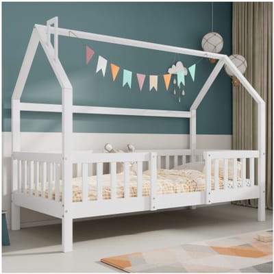 Lit d'enfant - MUVOE - Lit de maison d'enfant - Pin massif - Sommier à lattes - 90 x 200 cm blanc