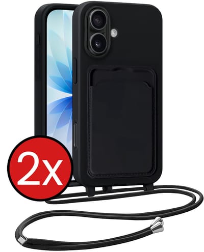 Hoesje Geschikt voor iPhone 17 Hoesje Met Telefoonkoord en Pasjeshouder Siliconen - Hoes Geschikt voor iPhone 17 Hoesje Met Kaarthouder Case - Zwart - 2 PACK