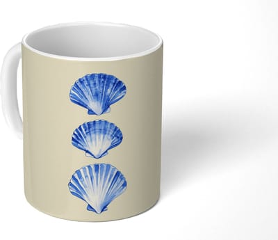 Mok - Koffiemok - Schelpen - Blauw - Beige - Mokken - 350 ML - Beker - Koffiemokken - Theemok