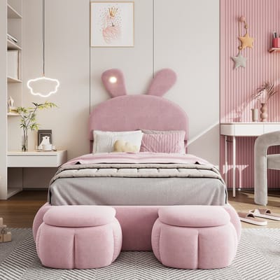 KOMHTOM - Gestoffeerd bed - eenpersoonsbed - konijnenoren met in de helderheid verstelbare warmkleurige lichtstrips - met twee opbergkrukken - kinderbed - houten lattenbodem - fluweel - roze - 90x200 cm