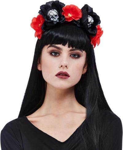 Horror haarband/diadeem day of the dead met doodshoofden zwart/rood - Halloween verkleed accessoires