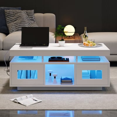 Wishdor Salontafel 100x50x43 cm van spaanplaat, hoogglans wit met app-bedienbare LED-verlichting en opbergruimte