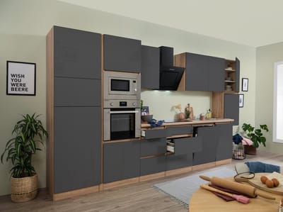 Goedkope keuken 395  cm - complete keuken met apparatuur Lorena  - Eiken/Grijs - soft close - keramische kookplaat - vaatwasser - afzuigkap - oven - magnetron  - spoelbak