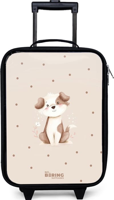 NoBoringSuitcases.com® - Kinderkoffer jongen - Kindertrolley meisje - Honden pup omringd door bruine stippen - Koffer kind lichtgewicht - Reiskoffer trolley voor kinderen - Koffertje met lichtgevende wieltjes - Rolkoffer zwart