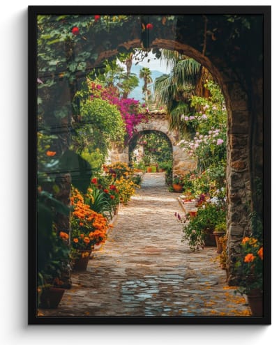 Poster in lijst - Fotolijst 50x70 cm - Posters - Doorkijk - Bloemen - Poort - Stenen - Posterlijst zwart - Decoratie - Wanddecoratie woonkamer - Muurdecoratie slaapkamer