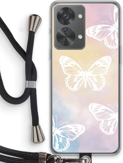 Case Company® - Hoesje met koord geschikt voor OnePlus Nord 2T hoesje met Koord - White butterfly - Telefoonhoesje met Zwart Koord - Bescherming aan alle Kanten en Over de Schermrand