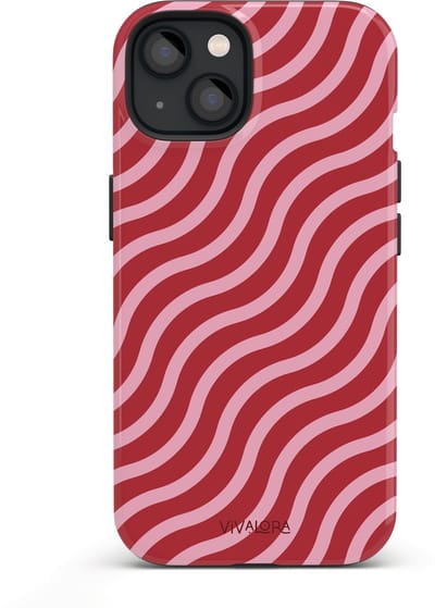 VivaLora Tough Telefoonhoesje iPhone 14 met MagSafe - Wine Flow Print - 2-in-1 Phone Case - Hard Case & Siliconen Back - Extra Bescherming - Shockproof - Golvende strepen - Bordeaux/Roze