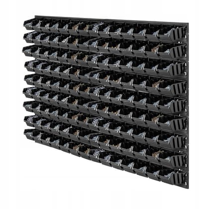 KADAX Werkplaatswandrek, 116 x 78 cm, opbergsysteem van robuust kunststof, uv-bestendig, uittrekbare wandplaten, garagerek, zwart, 140 stuks
