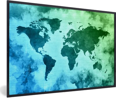 Poster in lijst - Fotolijst 90x60 cm - Posters - Wereldkaart - Blauw - Groen - Posterlijst zwart - Decoratie - Wanddecoratie woonkamer - Muurdecoratie slaapkamer