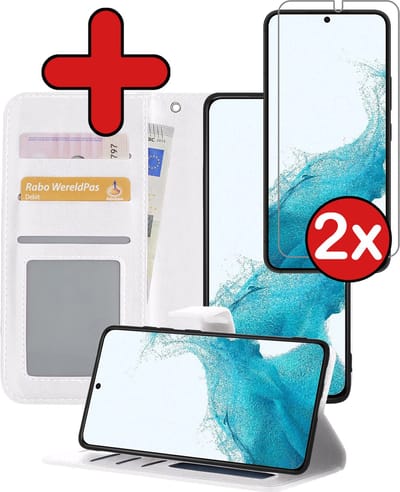Hoesje - Met 2x Screenprotector - Geschikt voor Samsung Galaxy S22 Plus - Luxe Pasjeshouder - Flip Case - Bookcase Portemonee - Kunstleer Book Case - Flipcase Hoes - Book Cover - Walletcase - Portemonneehoes - Telefoonhoes - Wit