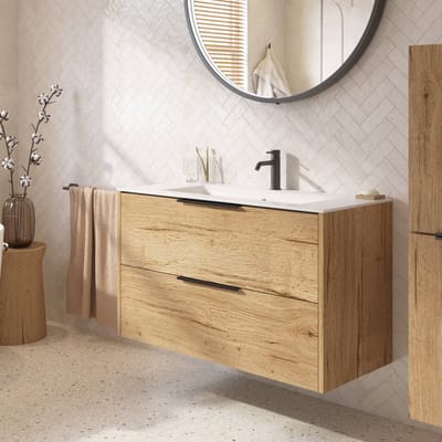 Saqu Lima badmeubel incl. glans witte keramische wastafel 100x46x61cm eiken marcato – mat zwarte greep