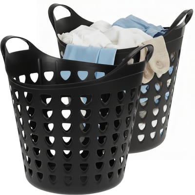 Excellent Houseware Flexibele wasmand - 2x - zwart - 26 liter - kunststof - 40 x 41 cm