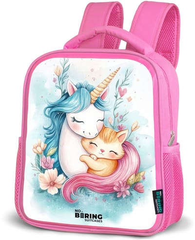 NoBoringSuitcases.com® - Rugzak roze - Schooltas meisjes - Eenhoorn met blauwe manen en oranje kitten - Kinder rugtas meisje - Boekentas kind - Kinderrugzak voor school - Schoolrugzak