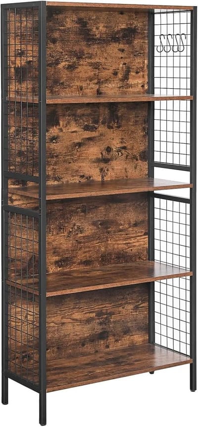 Boekenrek - Boekenrek Met Haken - Boekenplank - Kastje - Bruin - Boekenkast - Kast - Dressoir - Kast Woonkamer - Woonkamer - Garderobe - Organizer - Opbergkast - Opbergkasten