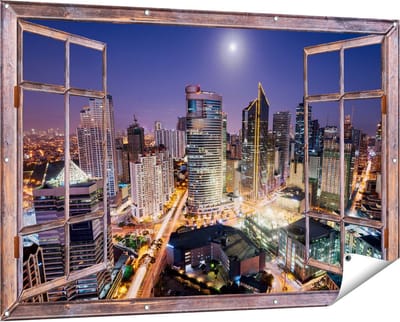 Gards Tuinposter Doorkijk Makati Stad Skyline in de Nacht in Thailand - 150x100 cm - Tuindoek - Tuindecoratie - Wanddecoratie buiten - Tuinschilderij