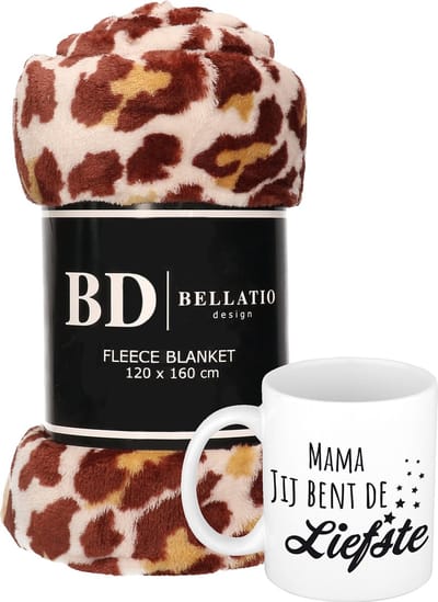 Cadeau moeder set - Fleece plaid/deken panter print met Mama jij bent de liefste mok - Mama ontspanning cadeau kerst, moederdag, verjaardag
