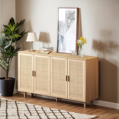 STILVORA Dressoir - Rattan Opbergkast 4 Deuren Verstelbare Plank - Woonkamer Slaapkamer Kantoor - Spaanplaat;Massief Hout - 158x40x88 cm - Naturel