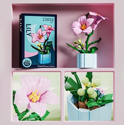 Bouwbloem 3D Decoratie – Creatieve Lelie met vaas van Bouwstenen – Uniek Cadeau voor Kinderen & Volwassenen