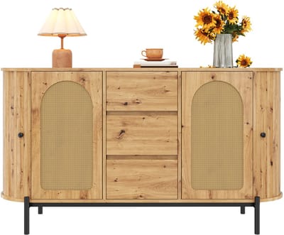 Sideboard - Rotan met Schuifdeuren, Lades en Verstelbare Planken - Houtlook