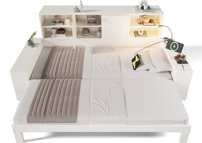 Opbergbed 90x200 cm wit – dagbed met uitschuifbed, houten bed met dubbele deuren & USB/USB-C-aansluitingen – ruimtebesparend tweepersoonsbed & jeugdbed (zonder matras)