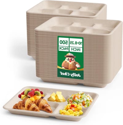 JOLLY CHEF 100% composteerbare papieren borden met 5 compartimenten, 10 x 8 inch [125 stuks] Heavy Duty verdeelde wegwerpplaat, milieuvriendelijke biologisch afbreekbare borden, voedselbakken voor