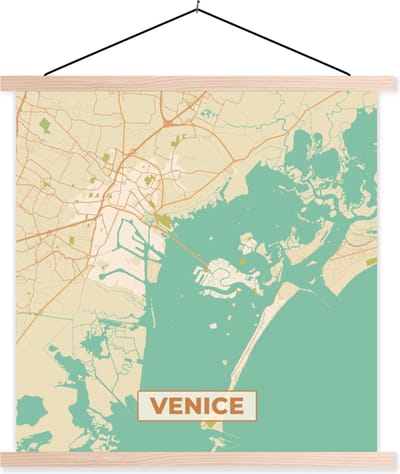 Posterhanger incl. Poster 40x40 cm - Schoolplaat - Venetië - Stadskaart - Kaart - Plattegrond - Vintage - Textielposter - Blanke latten - Stadskaart