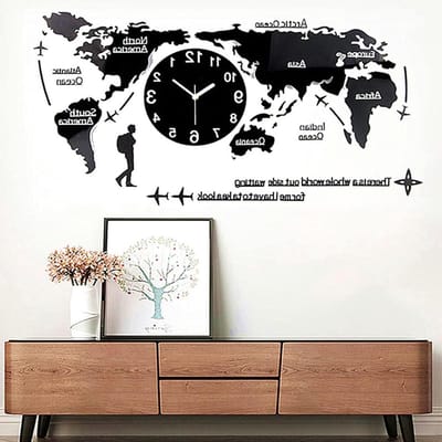 Wereldkaart Wandklok - Decoratieve Klok - Woonkamer Decoratie - Stille Beweging - 100 x 48 cm - Zwart