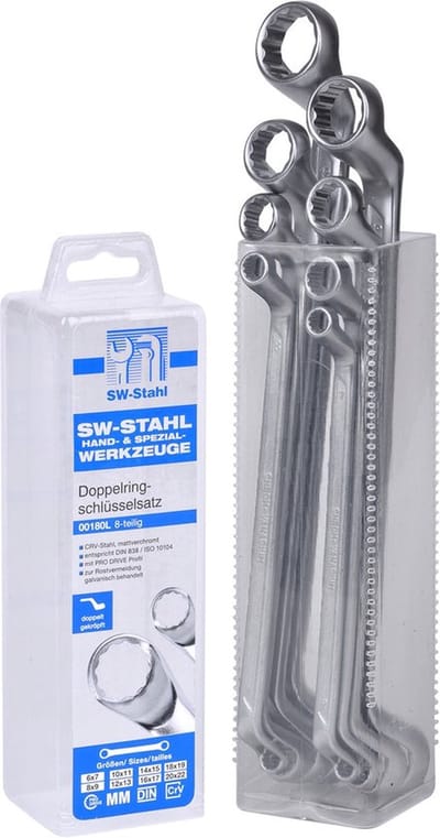 SW-Stahl 00180L dubbele ringsleutelset 6-22 mm, 8-delig, diep gebogen I ringsleutel I dubbele sleutelset I ringsleutelset gebogen