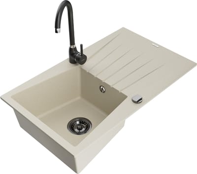 Mexen Cesar granieten gootsteen 1-kompartment met afdruiprek en keukenkraan Telma, beige - 6514-69-670200-70