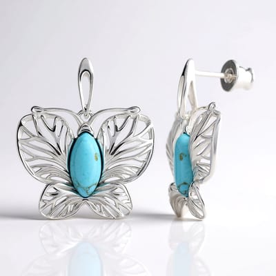 Cavill - Zilveren oorbellen met turkoois - 925 sterling zilver - Marquise cabochon turkoois 1,767 ct - Filigraan blad- en vlindermotief