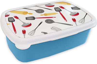 Broodtrommel Blauw - Lunchbox - Brooddoos - Patronen - Keukengerei - Spatel - Deegroller - 18x12x6 cm - Kinderen - Jongen