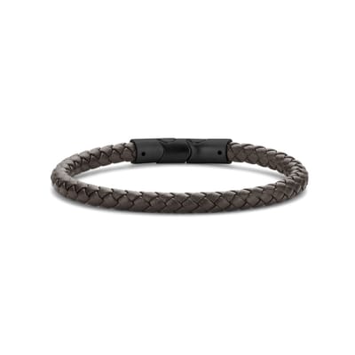 Frank 1967 7FB-0619 Leren Rond Gevlochten Armband - 21cm - 1cm Verstelschakel - 6mm Dikte - Staal Slot - Donker Bruin - Zwart