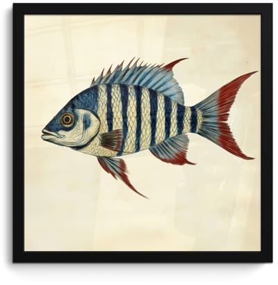 Poster in lijst - Fotolijst 40x40 cm - Posters - Gestreept - Donkerblauw - Rugvin - Vis - Posterlijst zwart - Decoratie - Wanddecoratie woonkamer - Muurdecoratie slaapkamer