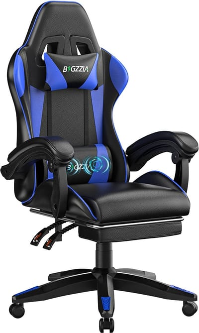 BIGZZIA Gamingstoel - Ergonomische gamestoel - Lendenkussen met massagefunctie - Hoofdsteun en voetsteun - 90°-135° verstelbaar - In hoogte verstelbaar - Draagvermogen 136 kg - zwart en blauw​