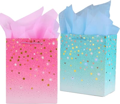 Set van 2 Medium Cadeauzakken van Tissuepapier, Papieren Draagzakken voor Verjaardagen, Feestjes en Cadeaus voor Mannen