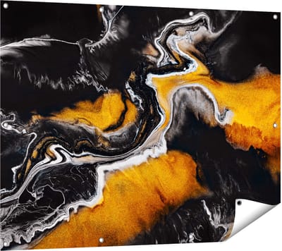 Gards Tuinposter Abstracte Kunst van Zwarte Gouden Verf - 120x90 cm - Tuindoek - Tuindecoratie - Wanddecoratie buiten - Tuinschilderij