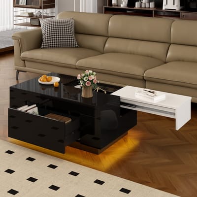 MODENUIT Salontafel - Uitschuifbaar met Ledverlichting en Lade - Voor Woonkamer - MDF - 80x50x35,5 cm - Zwart-Wit