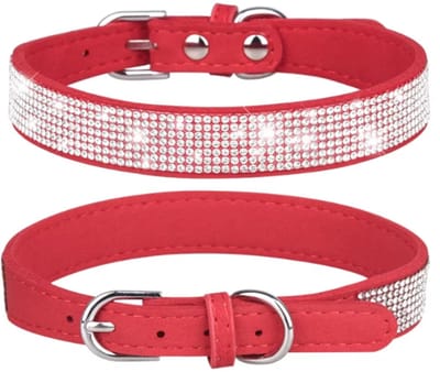 Honden halsband Rood - Halsband Honden met Glitter en Strass - Rood maat M - Luxe Honden Halsband - Petshop Seven®