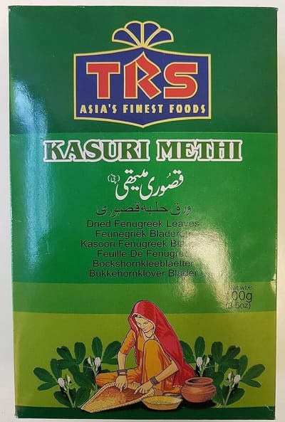 TRS Qasuri Methi Fenegriekbladeren 100 g – Gedroogde Indiase Kruidenbladeren, Intens Aroma, Authentieke Smaak voor Curry’s, Groenten, Dal & Marinades met Kajal Sticker