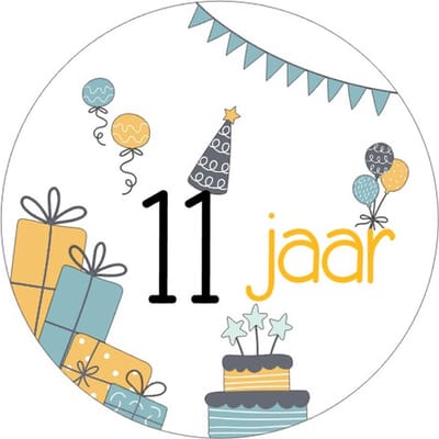 20x Sluitsticker 11 Jaar - Geel Blauw - 40 mm - Verjaardags sticker - Sluitzegel - Sticker Verjaardag jongens meisjes - Ballonnen - Cadeau's Kado's - Glossy - Sluitzegel - Wensetiket - Uitdelen - Jarig - Trakteren - Hoera