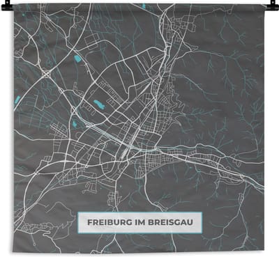 Wandkleed - Wanddoek - Stadskaart – Kaart – Freiburg im Breisgau – Blauw – Duitsland – Plattegrond - 180x180 cm - Wandtapijt