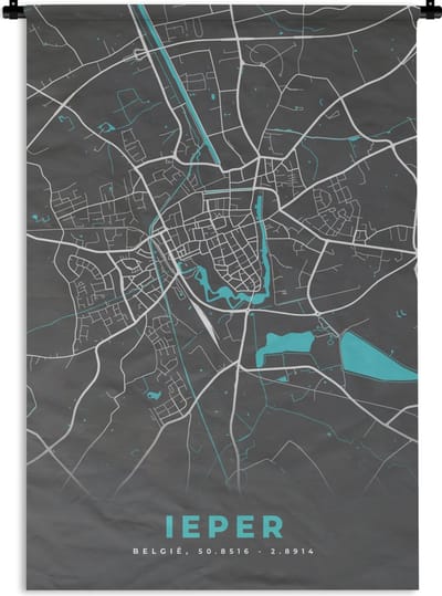 Wandkleed - Wanddoek - Plattegrond – Ieper – Blauw – Stadskaart - Kaart - België - 120x180 cm - Wandtapijt