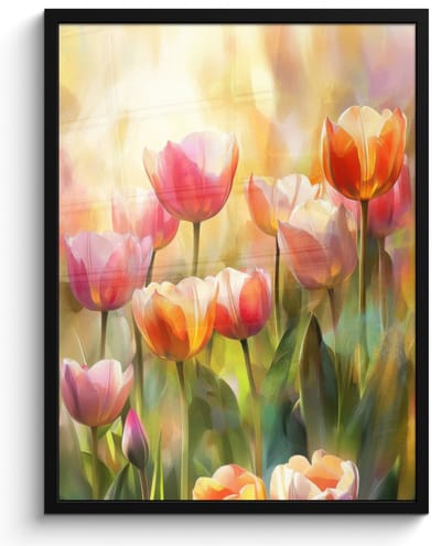 Poster in lijst - Fotolijst 50x70 cm - Posters - Tulpen - Sprookjesachtig - Kleurrijk - Posterlijst zwart - Decoratie - Wanddecoratie woonkamer - Muurdecoratie slaapkamer