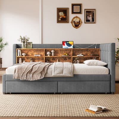 Slaapbank 90x200 cm met 2 lades met USB Type-C - Meerdere opbergvakken - zonder matras - grijs