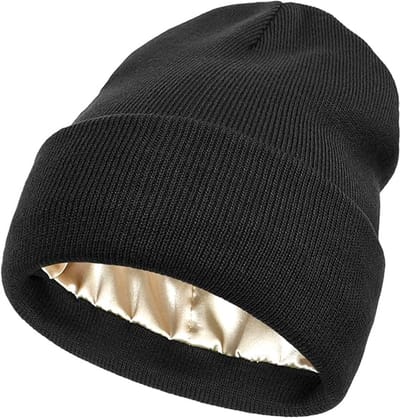MDUG Gebreide damesmuts - Zwart - One size - Satijnen voering - Warm, loszittend, comfortabel - Hoofdomtrek 56-58 cm - Satijnen wollen muts - Geschikt voor buitensporten zoals skiën en wandelen